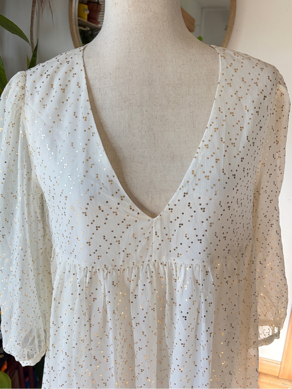 Aritzia Sunday Best Gold Foil Dot Mini Babydoll Dress Small V-Neck Boho Holiday - Picture 2 of 11